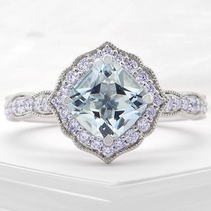 Anillo vintage de aguamarina y diamantes de talla cojín en oro blanco de 18 quilates: anillo vintage art déco, anillo de compromiso de oro blanco, anillo de aguamarina.