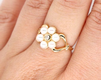 Vintage Floral Pearl Diamond Ring, 9k Yellow Gold Cluster Ring