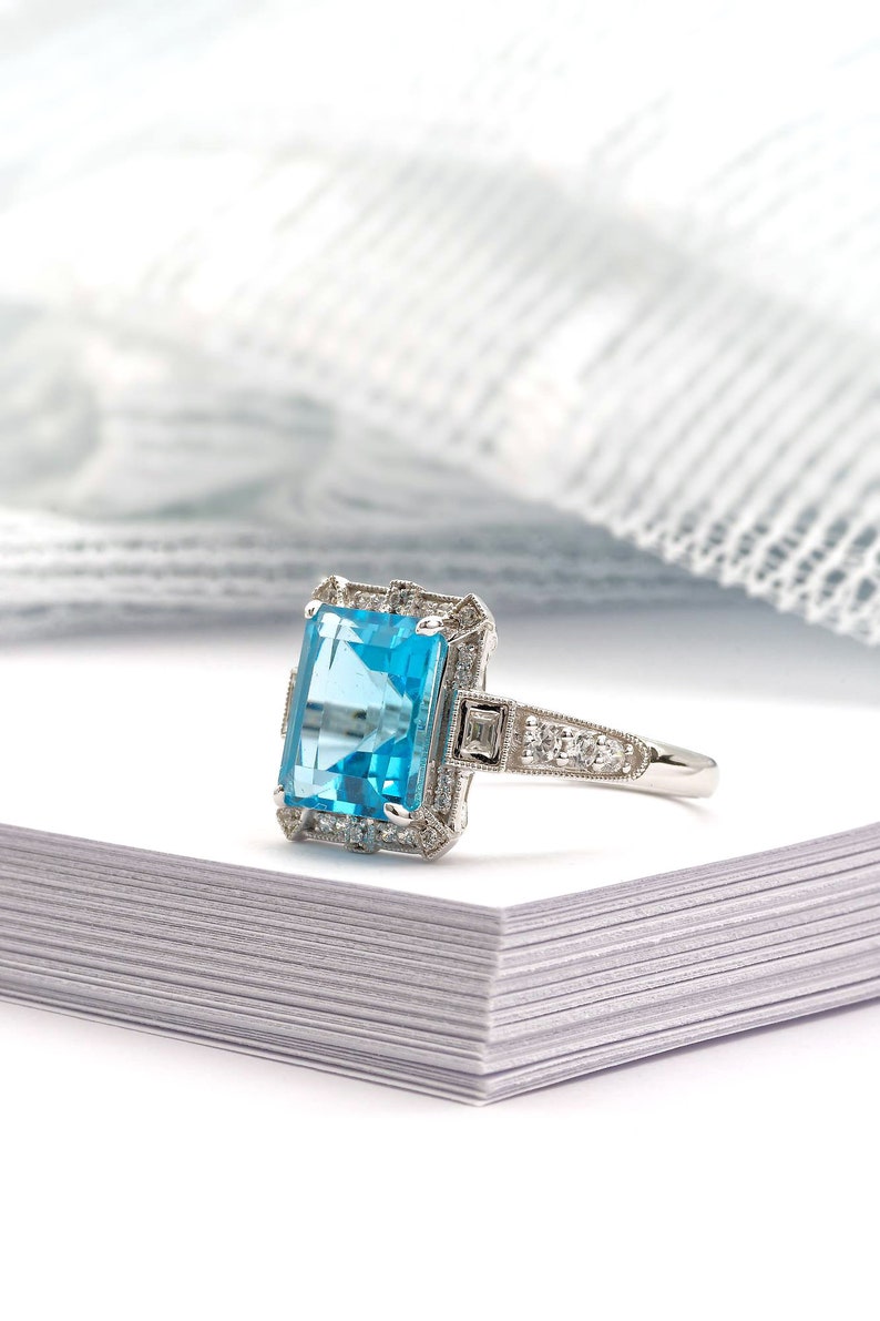 Art Deco vintage blue topaz ring, Emerald cut blue topaz and diamond ring, White gold engagement ring, Topaz wedding ring, Anniversary gift image 2