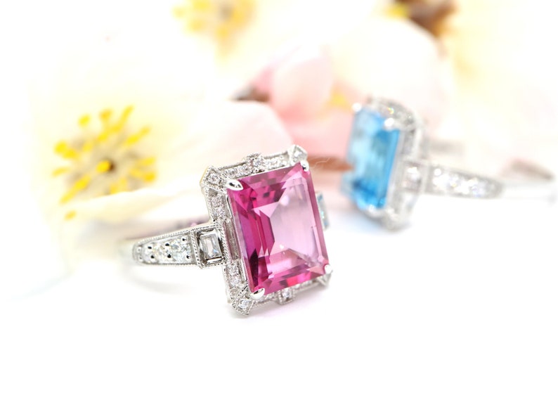 Art Deco vintage pink topaz diamond ring in white gold art deco emerald cut ring, White gold engagement ring, White gold wedding ring, image 8