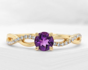 Amethyst and gold ring, Twist diamond amethyst ring, Purple gemstone ring,  Round cut ring
