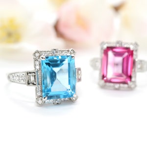 Art Deco vintage blue topaz ring, Emerald cut blue topaz and diamond ring, White gold engagement ring, Topaz wedding ring, Anniversary gift image 4