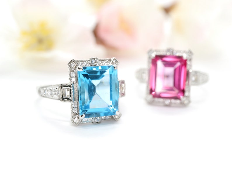 Art Deco vintage blue topaz ring, Emerald cut blue topaz and diamond ring, White gold engagement ring, Topaz wedding ring, Anniversary gift image 4