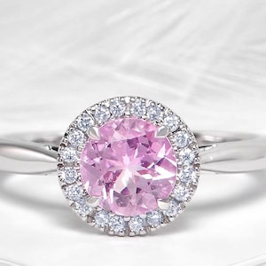 Pink sapphire halo ring with brilliant round cut in white gold setting, Classic sapphire ring, Round cut pink sapphire ring with simple band