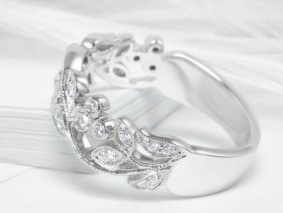 Vine and Leaf White Gold Diamond Ring Filigree Diamond Ring