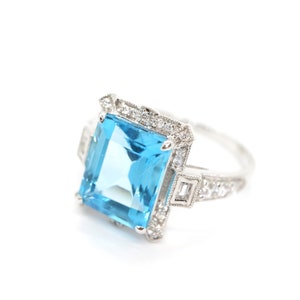 Art Deco vintage blue topaz ring, Emerald cut blue topaz and diamond ring, White gold engagement ring, Topaz wedding ring, Anniversary gift image 5