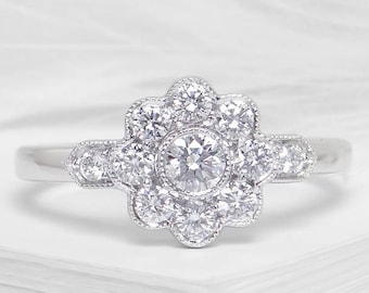 Vintage Daisy Diamond Engagement Ring - 18k White Gold Flower Ring