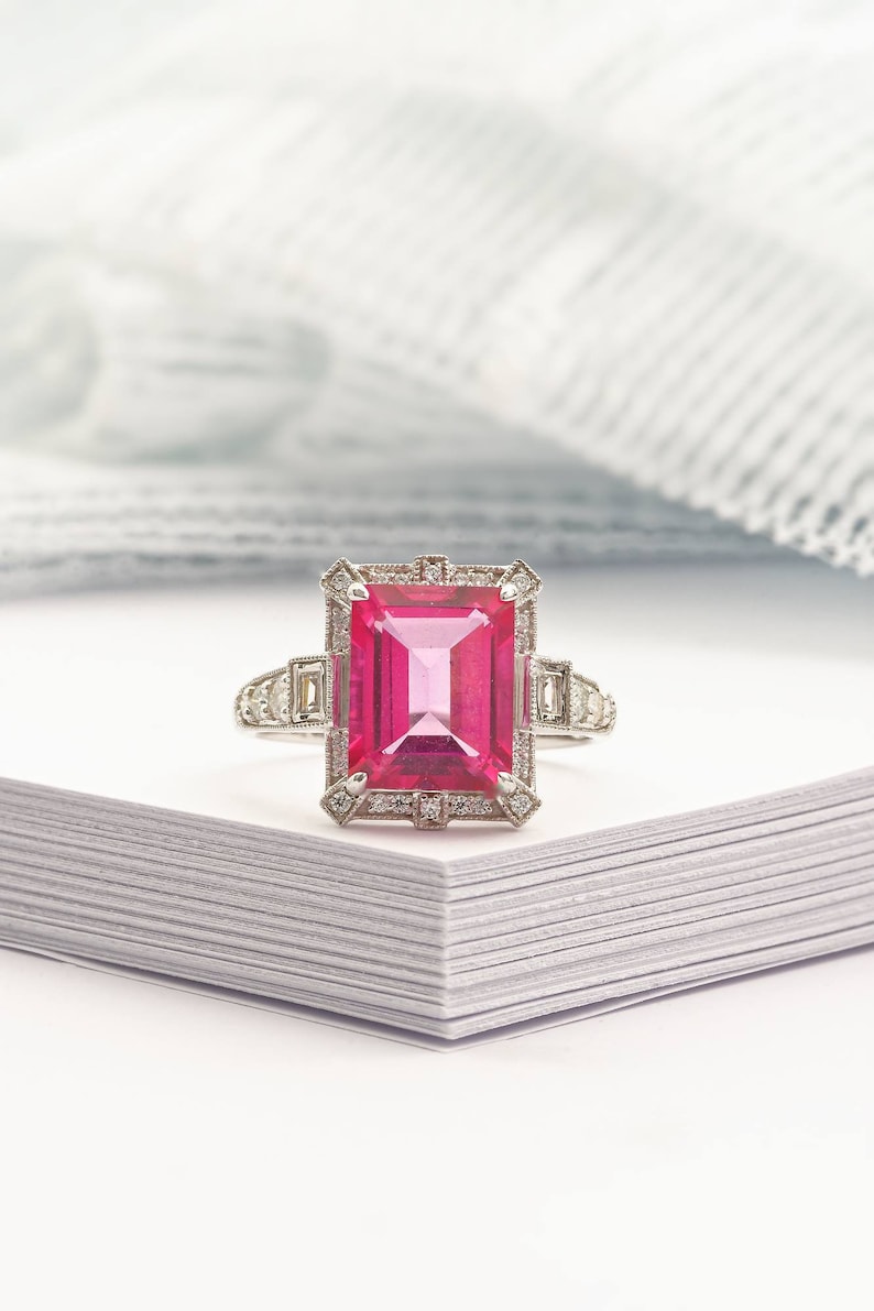 Art Deco vintage pink topaz diamond ring in white gold art deco emerald cut ring, White gold engagement ring, White gold wedding ring, image 1