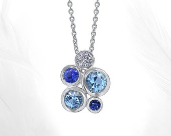 Sapphire and  aquamarine pendent , Cluster sapphire and aquamarine pendent , Bubble blue  gemstone pendant