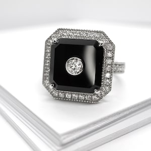Art deco black onyx ring in Sterling silver-Vintage style CZ halo ring, Statement ring for her