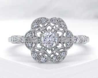 Art Deco Diamond Engagement Ring, 18K White Gold, Vintage Style