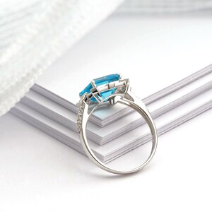 Art Deco vintage blue topaz ring, Emerald cut blue topaz and diamond ring, White gold engagement ring, Topaz wedding ring, Anniversary gift image 7