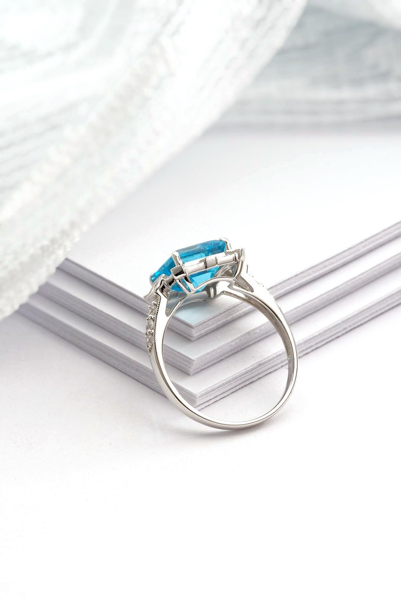 Art Deco vintage blue topaz ring, Emerald cut blue topaz and diamond ring, White gold engagement ring, Topaz wedding ring, Anniversary gift image 7