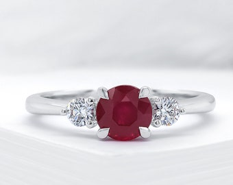 18k white gold ruby and diamond engagement ring, Round shaped ruby wedding  ring, Three stones ring