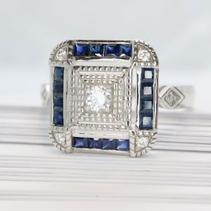 Art Deco sapphire ring in white gold setting with moissnaite in square design-Vintage inspired jewellery, Vintage ring