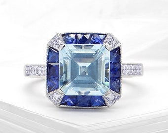 Blue sapphire and Aquamarine ring with natural diamond in white gold setting - Sapphire engagement ring, Aquamarine square cut ring