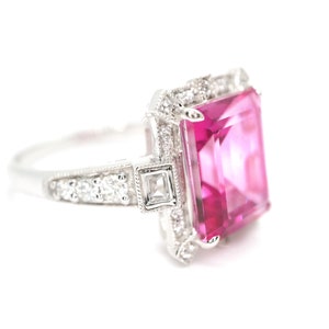 Art Deco vintage pink topaz diamond ring in white gold art deco emerald cut ring, White gold engagement ring, White gold wedding ring, image 7