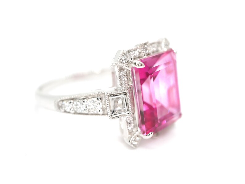 Art Deco vintage pink topaz diamond ring in white gold art deco emerald cut ring, White gold engagement ring, White gold wedding ring, image 7