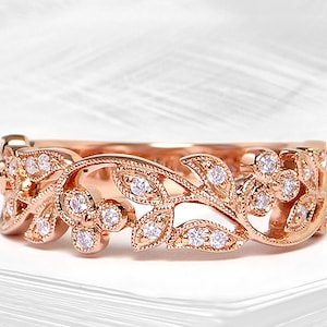 Vine and leaf rose gold diamond ring - Filigree diamond ring, Diamond band, rose gold ring, Diamond gold band, Wedding band, Vine ring