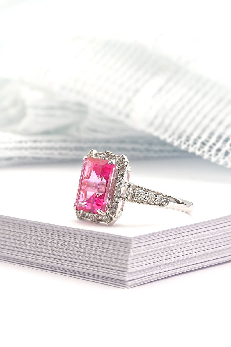 Art Deco vintage pink topaz diamond ring in white gold art deco emerald cut ring, White gold engagement ring, White gold wedding ring, image 2