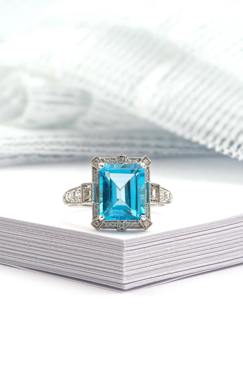 Art Deco vintage blue topaz ring, Emerald cut blue topaz and diamond ring, White gold engagement ring, Topaz wedding ring, Anniversary gift image 3