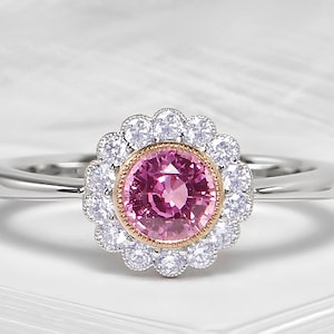 white gold Pink sapphire engagement ring,  Brilliant round cut diamond halo ring, Floral sapphire ring, Round cut pink sapphire ring