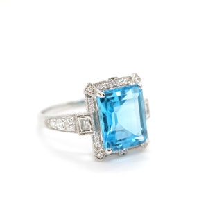 Art Deco vintage blue topaz ring, Emerald cut blue topaz and diamond ring, White gold engagement ring, Topaz wedding ring, Anniversary gift image 6