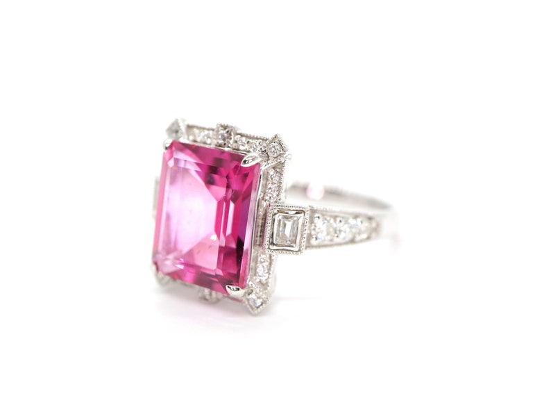 Art Deco vintage pink topaz diamond ring in white gold art deco emerald cut ring, White gold engagement ring, White gold wedding ring, image 4