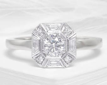 Anillo de compromiso Art Déco de oro blanco con diamantes y halo de corte cuadrado