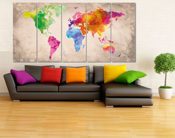Watercolor World Map Canvas Art Push Pin World Map Extra Etsy