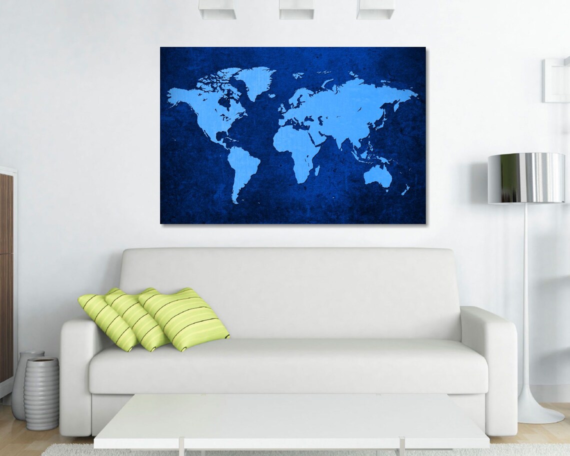 Blue World Map Canvas Print / World Map Wall Art / Large | Etsy