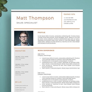 Resume Template with Photo + Cover Letter, Modern Resume, Professional CV, Creative Resume Template for Word and Pages, Instant Download CV