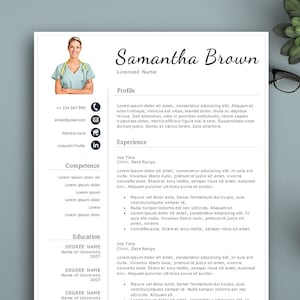 May include: A resume template for a licensed nurse named Samantha Brown. The resume includes sections for profile, experience, competence, and education. The template is designed to be edited in Microsoft Word and Mac Pages.