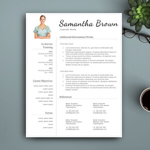 May include: A resume for Samantha Brown, a licensed nurse. The resume includes information about her in-service training, career objectives, and references.