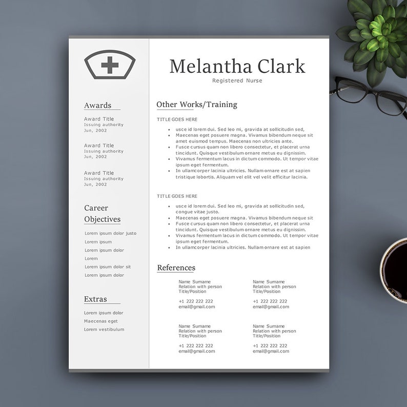 Może przedstawiać: Czarno-biały szablon CV z czerwonym symbolem krzyża w lewym g&oacute;rnym rogu. CV jest dla Melanty Clark, zarejestrowanej pielęgniarki. CV zawiera sekcje dla Nagr&oacute;d, Innych prac/Szkoleń, Cel&oacute;w zawodowych, Referencji i Dodatk&oacute;w.