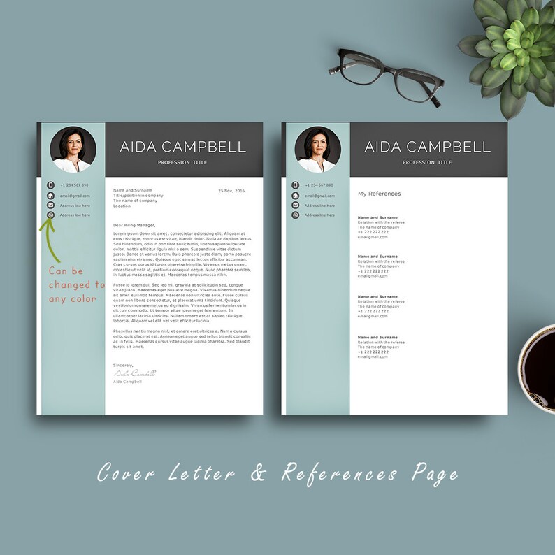 Puede incluir: Una plantilla de carta de presentaci&oacute;n y p&aacute;gina de referencias en azul claro y blanco con una foto profesional de una mujer. El texto "AIDA CAMPBELL" est&aacute; en la parte superior de cada p&aacute;gina. La carta de presentaci&oacute;n incluye una secci&oacute;n para una salutaci&oacute;n "Estimado/a Gerente de Contrataci&oacute;n" y una secci&oacute;n para una firma "Atentamente,". La p&aacute;gina de referencias incluye una secci&oacute;n para "Mis Referencias" y una lista de nombres, t&iacute;tulos, n&uacute;meros de tel&eacute;fono y direcciones de correo electr&oacute;nico.