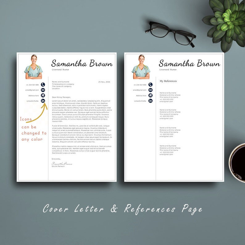 May include: A resume template for a licensed nurse with a blue background and a photo of a nurse in a blue uniform. The template includes contact information, work experience, skills, and education. The text "Icons can be changed to any color" is written in orange on a yellow arrow pointing to the icons.