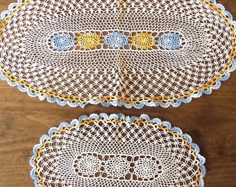 Two Vintage Hand Crocheted Oval Doilies / Doyleys Dressing Table Mats in Cream/Beige, Blue and Orange, c1950