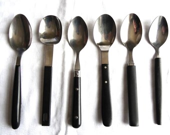 6 Mismatched Stainless Steel Dessert Spoons with Black Plastic Handles