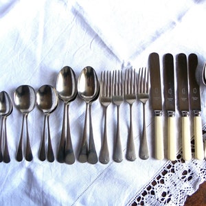 22 Items English Antique Stainless Nickel Cutlery - Table Setting for Four, Old English Pattern, Celluloid Handles,