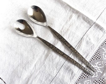 Vintage 1970s Stainless Steel Long Handled Salad Servers Spoon and Spork with Floral Patterned Handles