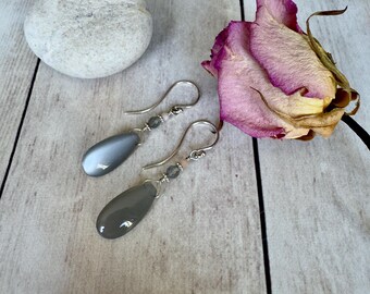 Gray Moonstone Dangle Earrings with Labradorite, Peach Moonstone, Sterling Silver Hooks