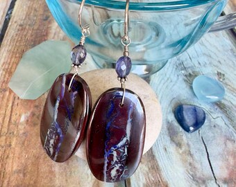 OOAK Boulder Opal Dangle Earrings with Faceted Iolite Accent Stones