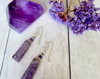 Purple Charoite Rectangular Dangle Earrings