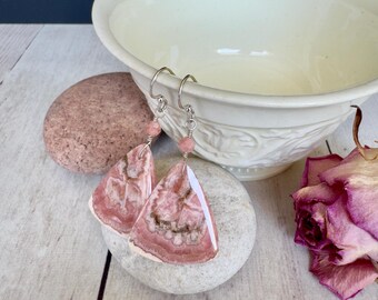 One of a Kind Pink Rhodochrosite Fan Dangle Earrings