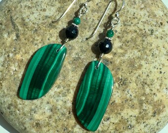 Deep Green Malachite and Onyx Dangle Earrings