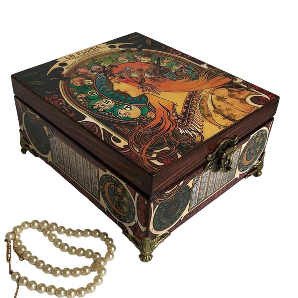 Alphonse Mucha Zodiac handgefertigte Teebox aus Holz – perfekte Aufbewahrungslösung für Ihre Lieblingstees.