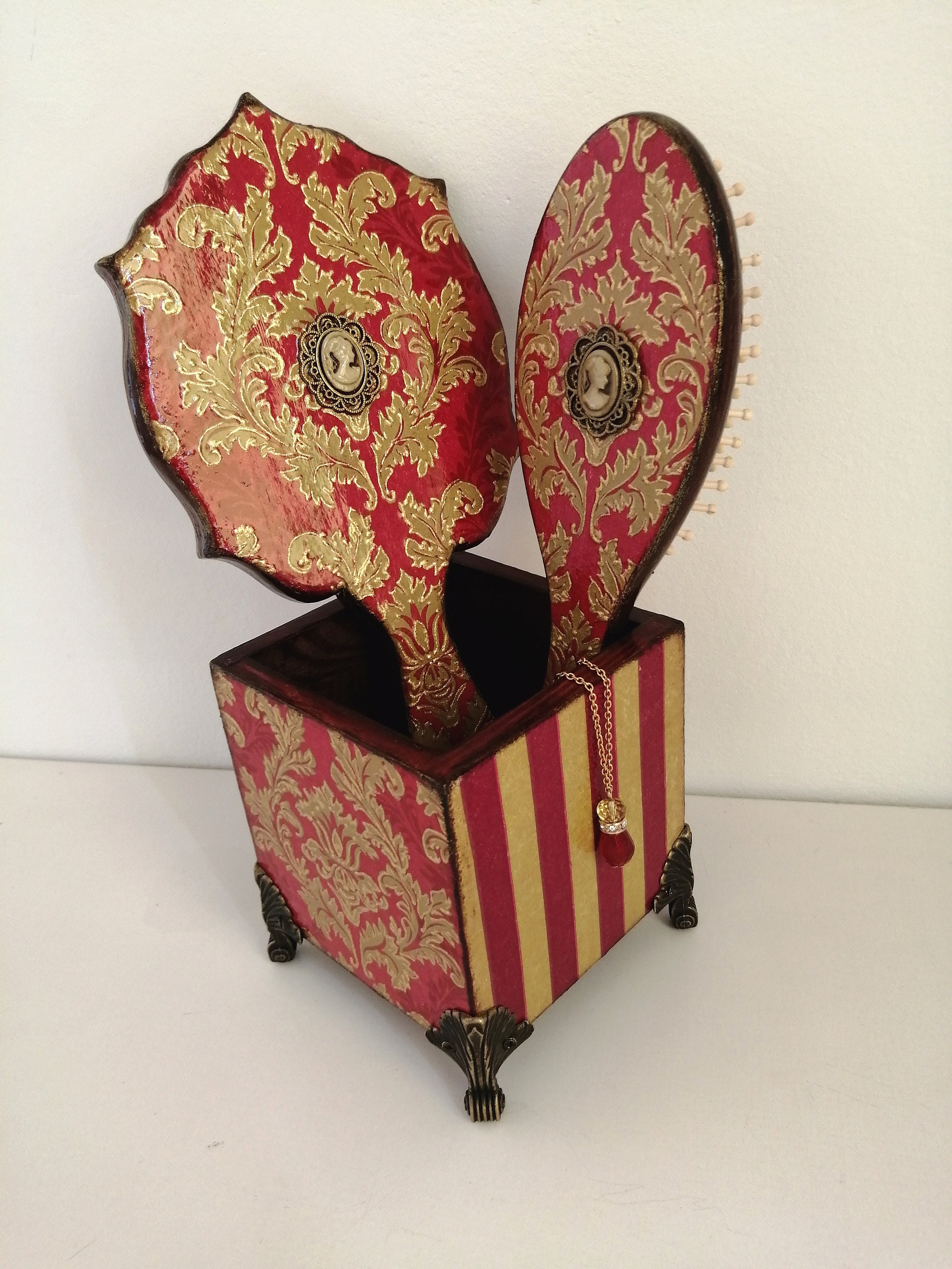 Red Vanity Set Makeup Organizer and Wooden Hair Brushhand Etsy