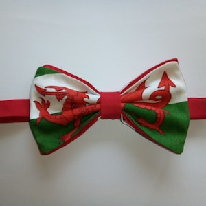 May include: A red, white, and green bow tie with a red dragon design. The bow tie is made of fabric and has a red strap.