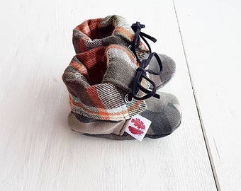 HUNTER - Baby Boots Made from Preloved Camo Pants + Plaid Shirt